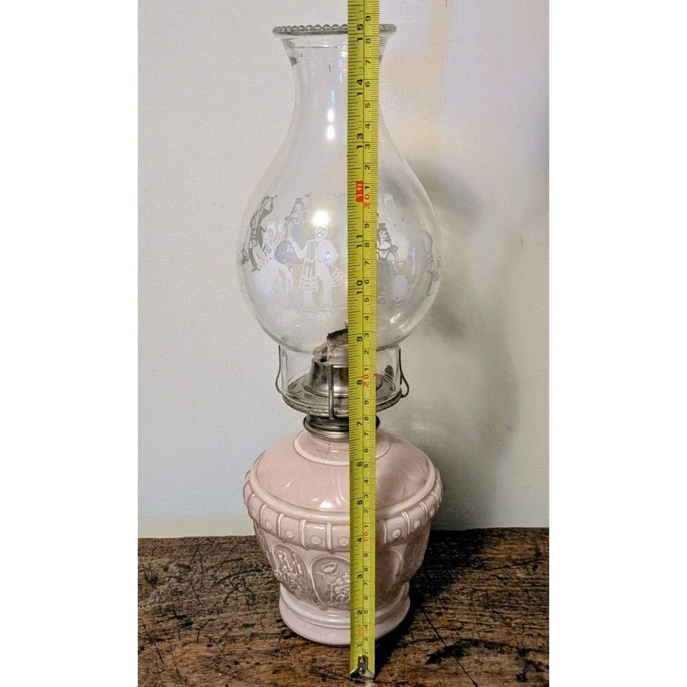 Vintage Kaadan Ltd Pink Embossed Glass Oil Lamp Kerosene Lamp w Clear Chimney
